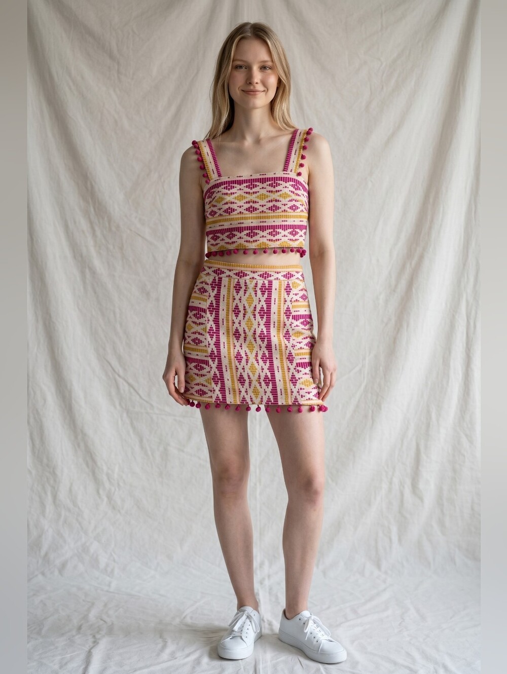 SAYLOR XS Pink Yellow Geometric Pom Pom Crop Top & Mini Skirt 2-Piece Set Boho